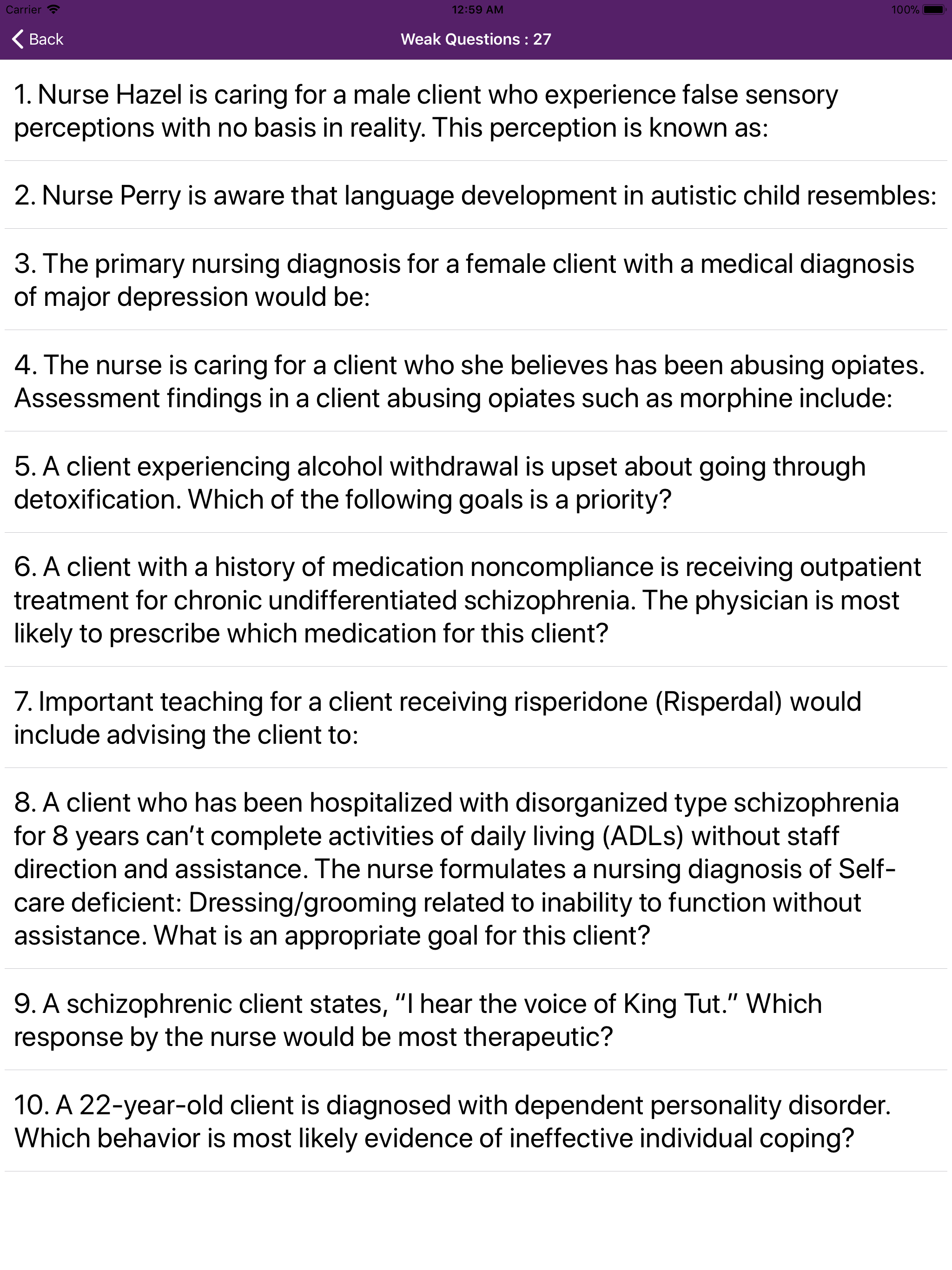 Psychiatric Nursing Mock Exam screenshot 19