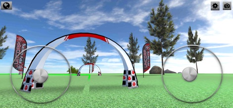 DRS - Drone Flight Simulator - Esta imagem apresenta um percurso de corrida com portões coloridos e bandeiras em um ambiente gramado, onde os joysticks virtuais fornecem o controle necessário para superar os obstáculos.