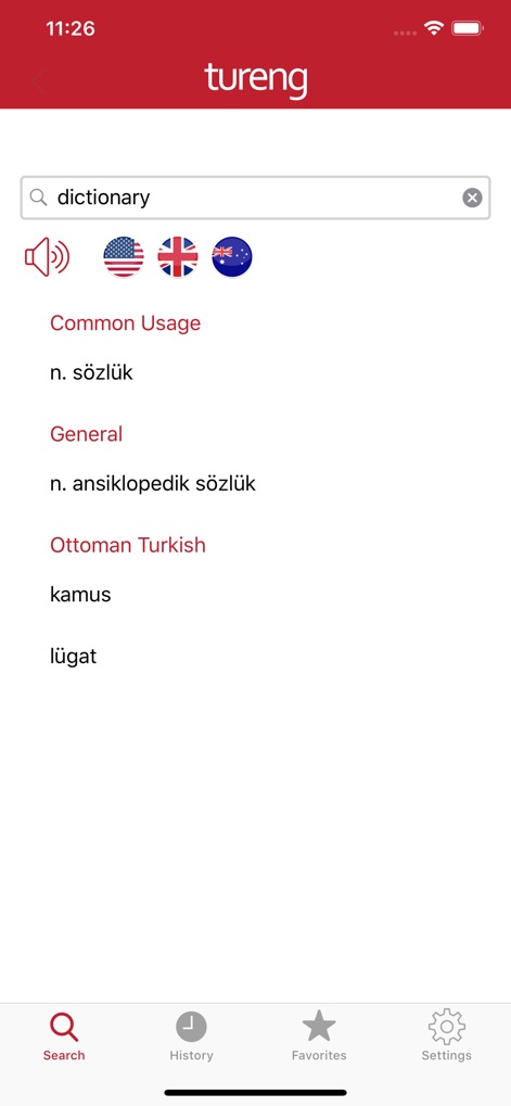 Tureng Dictionary - View precise Turkish translations categorized by usage, alongside audio pronunciation options indicated by country flags.