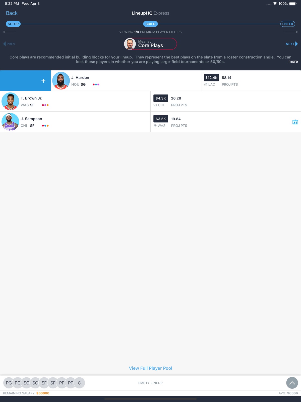 LineupHQ FanDuel DFS Optimizer ipad screenshot 1