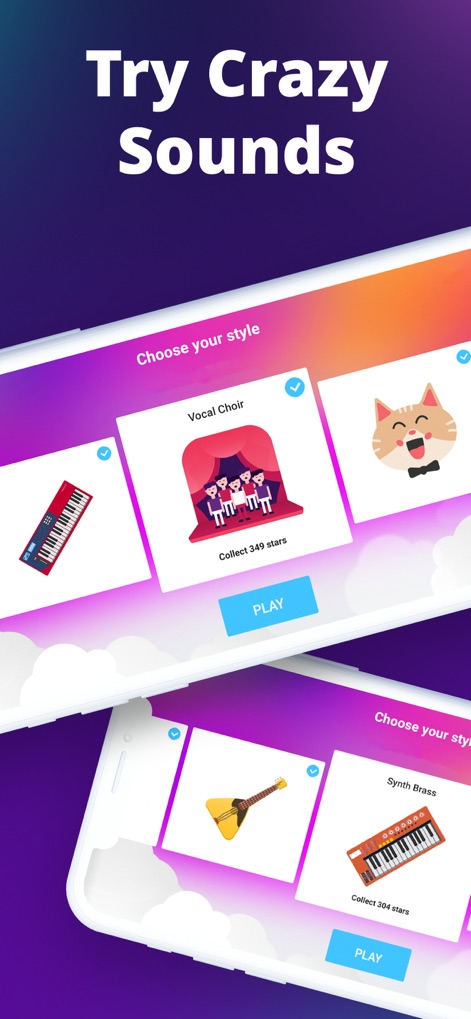 Piano Crush - Keyboard Games - Nutzer können aus einer breiten Palette von Instrumenten wählen, von einem Vocal Choir bis zu einem Banjo, und müssen Sterne sammeln, um neue Klangstile freizuschalten.
