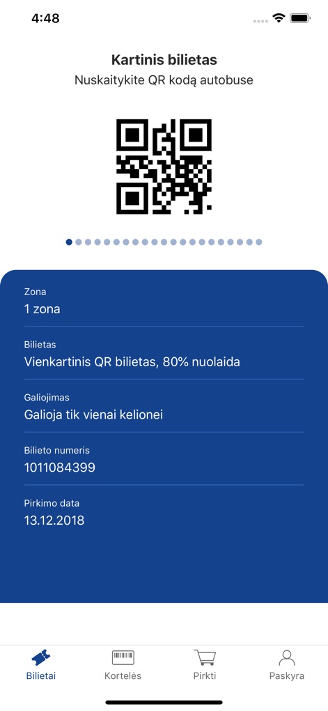 e.Ticket Klaipėda - This screen displays an activated QR ticket for travel, showing both the scannable QR code and comprehensive details like ticket type and validity period.