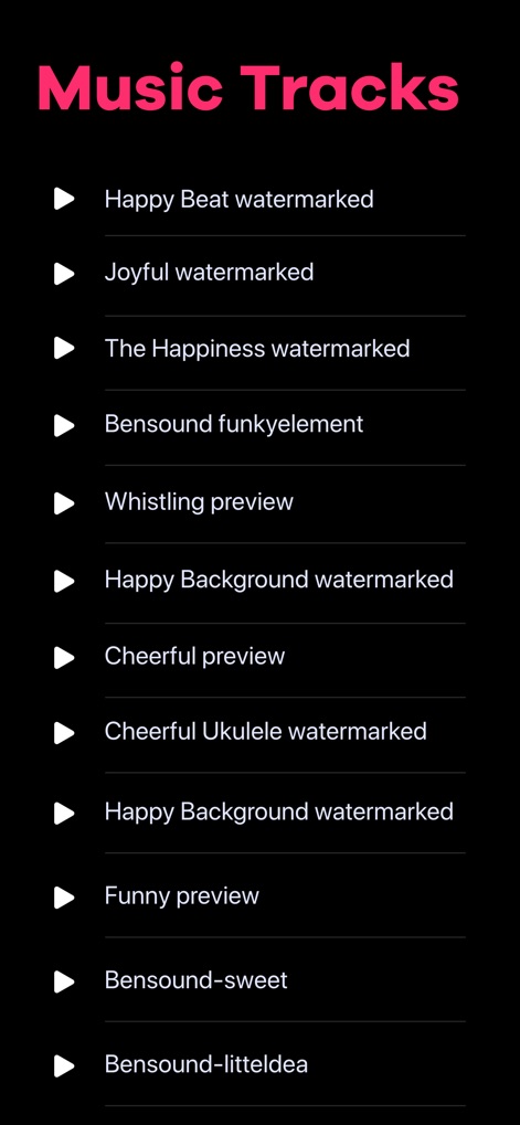 Video Editor: Make Music Video - Explore a comprehensive library of in-app music tracks, featuring both "watermarked" premium options and free "preview" selections, simplifying audio choice for creators.