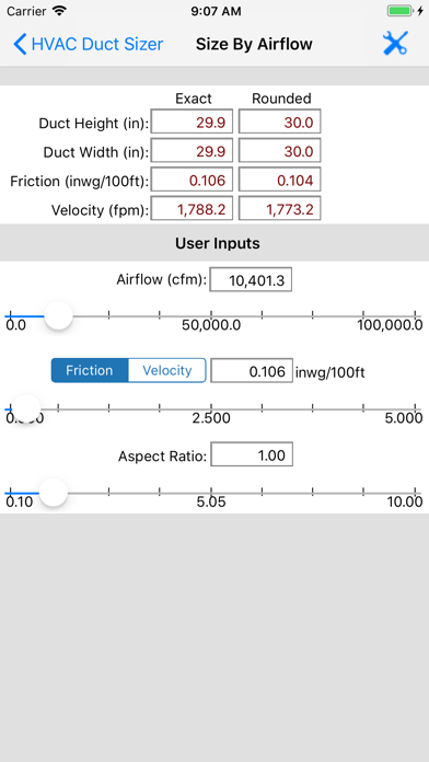 HVAC Duct Sizer Screenshot