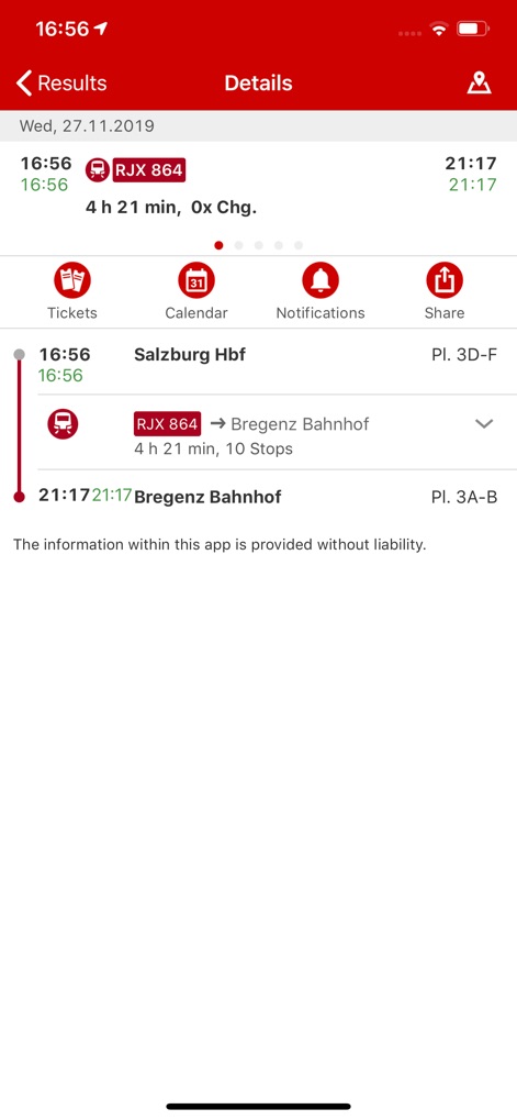 ÖBB Scotty - This tool offers a precise breakdown of journey segments, including departure and arrival platforms, and provides quick access to functions like adding to a calendar or setting up notifications.