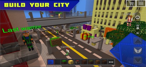 Planet of Cubes Craft and Mine - O aplicativo capacita os jogadores a construir cidades inteiras, com edifícios altos de vários andares e infraestruturas complexas como estradas e pontes. Este cenário urbano vibrante demonstra o potencial criativo e a escala das construções possíveis.