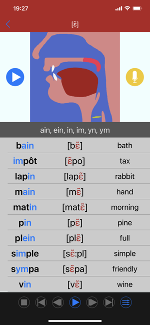 Enkelt skjermbilde for fransk lyd og alfabet