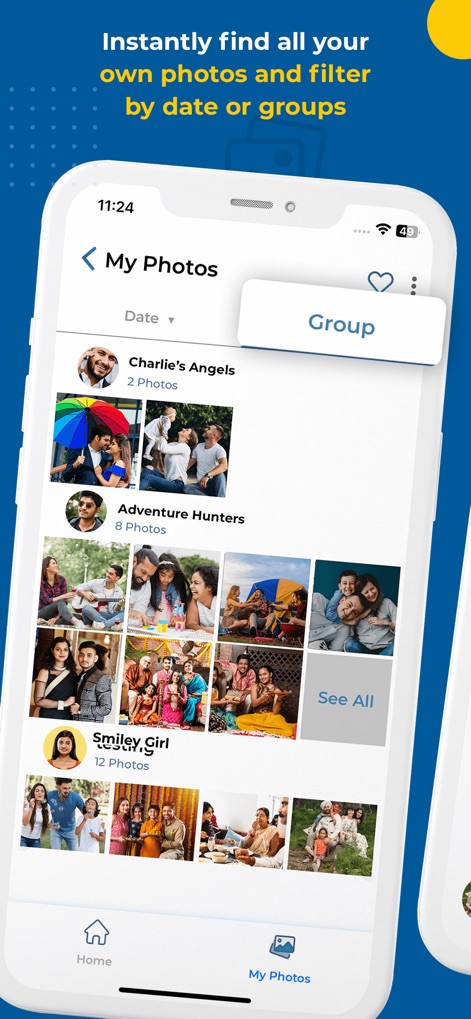 Kwikpic - Smart Photo Sharing - Users can access a personal 'My Photos' gallery and filter their pictures by 'Date' or by specific 'Group' affiliations.