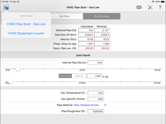 HVAC Pipe Sizer - Gas Plus iPad screenshot