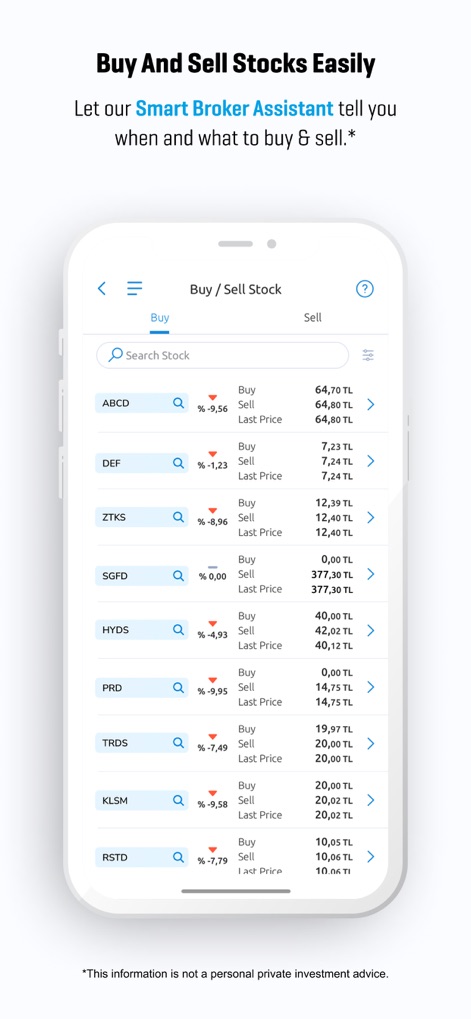 Yapı Kredi Mobile - Users gain access to a dynamic stock trading platform, featuring real-time buy/sell prices for various stocks and an intuitive search function for market navigation.