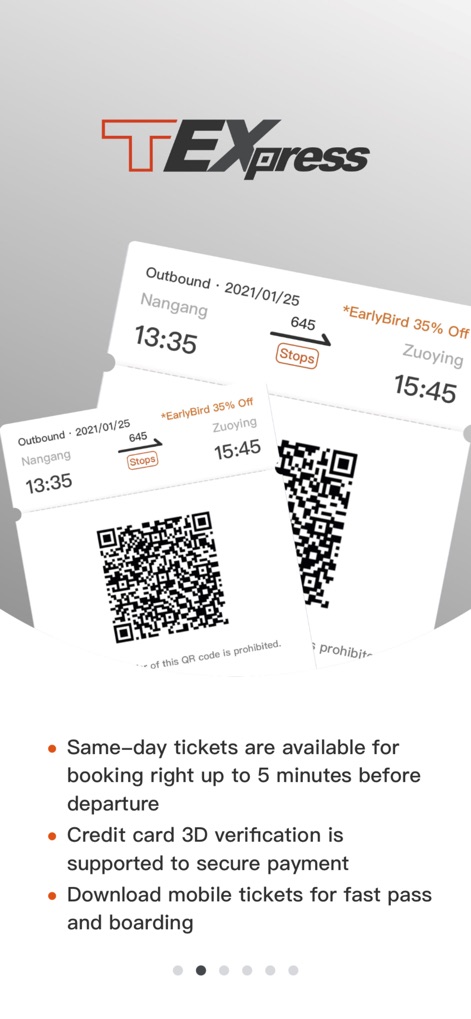 台灣高鐵 T Express行動購票服務 - Users can immediately spot valuable 'EarlyBird 35% Off' promotions and utilize the secure, paperless mobile tickets featuring QR codes for boarding.