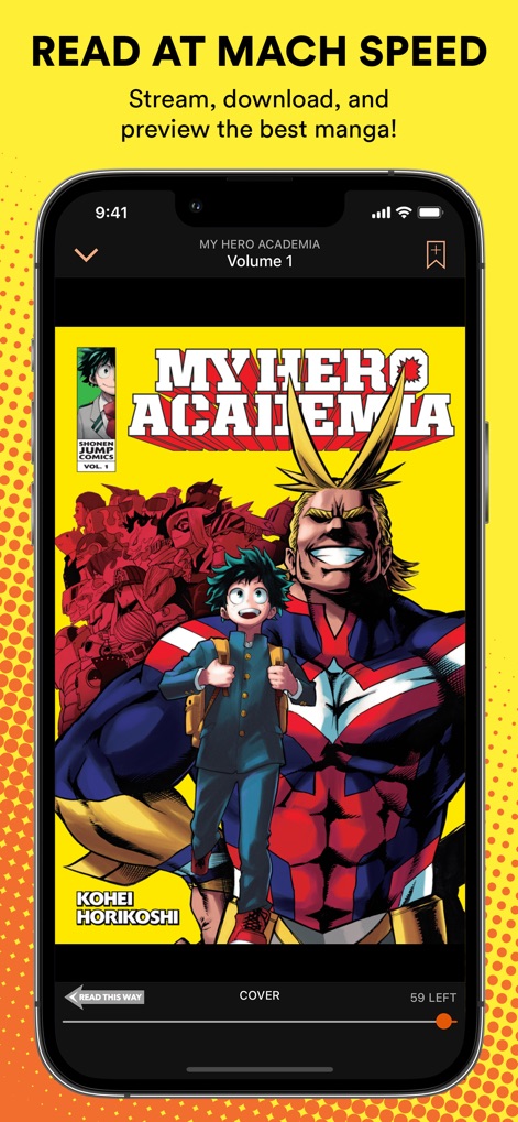 Shonen Jump Manga & Comics - Experience the advanced manga reader displaying full-page manga covers and the clear 'READ THIS WAY' directional guide for an optimal reading flow.