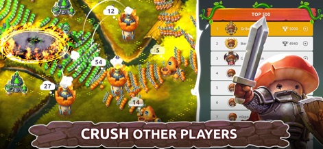 Mushroom Wars 2: RTS Strategy - リアルタイムの戦略戦が展開され、左側では炎のエフェクトを伴う部隊の衝突、右側には上位プレイヤーを示す「TOP 500」のランキングが表示されています。