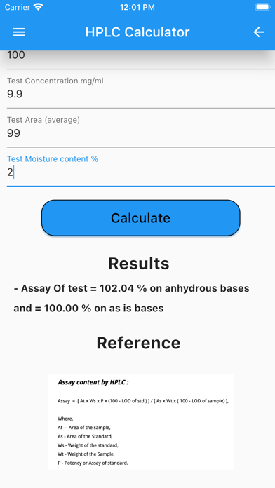 HPLC Calculator Screenshot