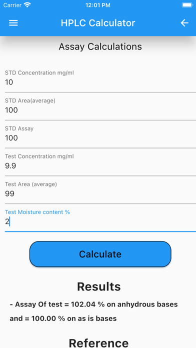 HPLC Calculator Screenshot