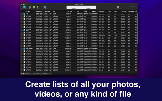Capture d'écran d'exportation de la liste de fichiers