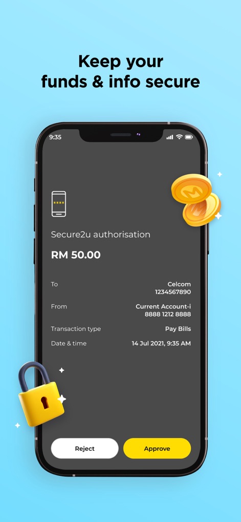 MAE by Maybank2u - Users gain peace of mind with robust security, exemplified by the "Secure2u authorisation" prompt and clear "Approve" and "Reject" buttons for transaction confirmation.