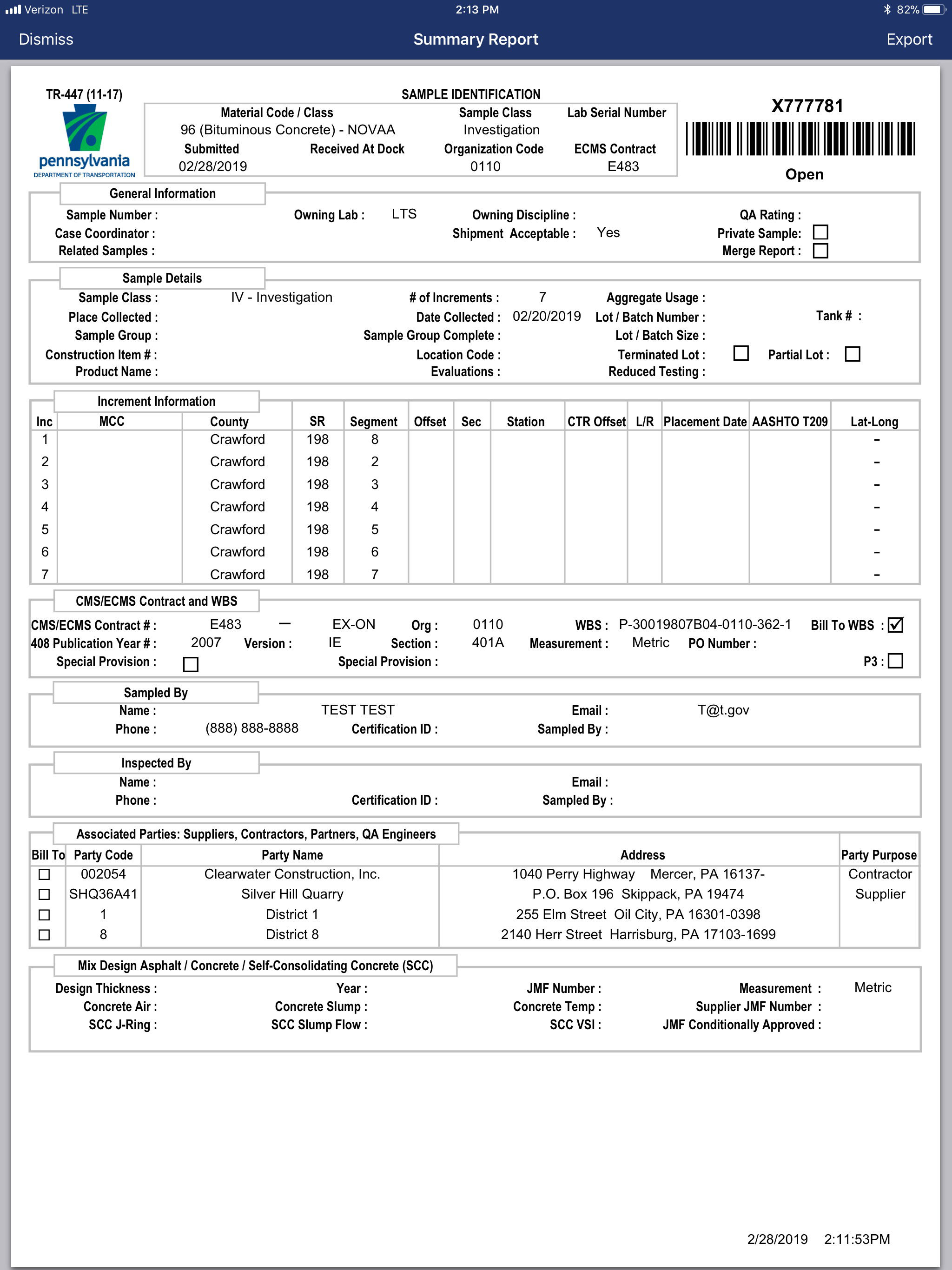 PennDOT - Sample ID screenshot 6