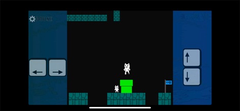 Syobon Action - La vista en modo horizontal optimiza la experiencia de juego, destacando la presencia de una tubería verde central y una bandera que marca un punto de control.