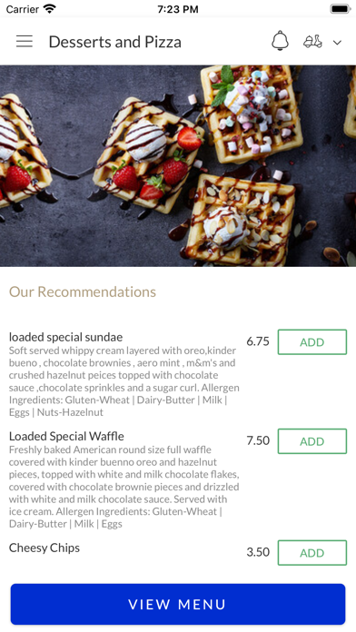 Desserts and Pizza. Screenshot