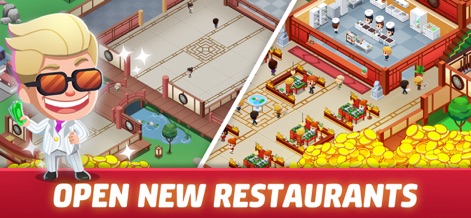 Idle Restaurant Tycoon: Empire - This visual illustrates the progression from an empty plot to a thriving new restaurant and the substantial piles of gold coins signifying earned profits.