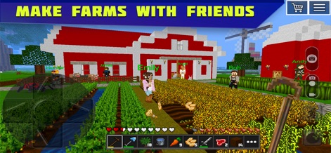 Planet of Cubes Craft and Mine - O aplicativo permite aos jogadores cultivar fazendas extensas, com plantações de trigo e cenouras organizadas em linhas. Os edifícios vermelhos semelhantes a celeiros e os animais visíveis demonstram a capacidade de criar comunidades agrícolas.