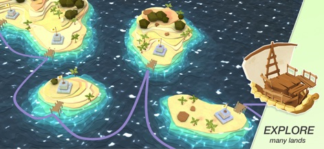 Godus - Users can explore many lands, navigating between distinct islands connected by visible travel paths.