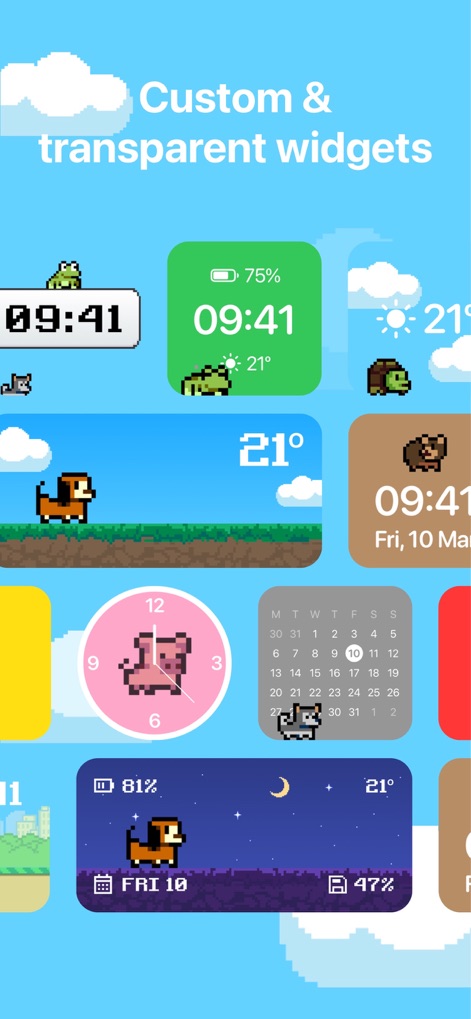 Pixel Pets - Cute, Widget, App - L'application propose une vaste sélection de widgets personnalisables avec des animaux en pixel art, incluant des options transparentes pour une intégration parfaite sur votre fond d'écran.