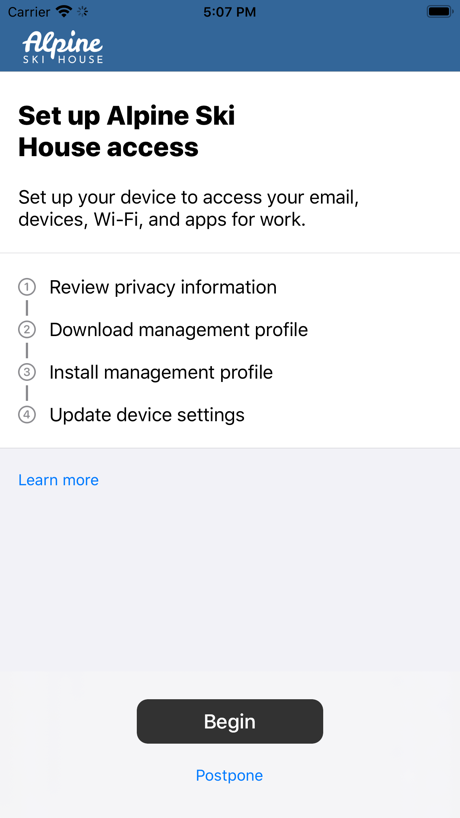 Intune Company Portal App Store screenshot 1, headline “Set up Alpine Ski House access”. No phone, bare screen.