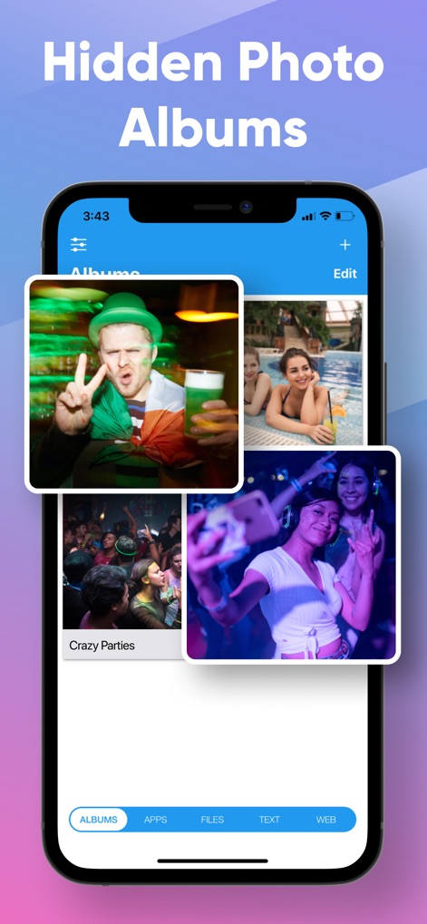 App Lock · Secret Photo Vault - Os usuários podem organizar suas mídias confidenciais em "álbuns de fotos ocultos", como o álbum "Crazy Parties", garantindo discrição total.