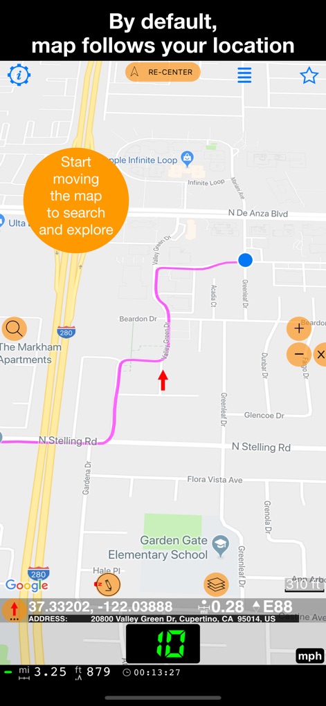 Speedometer 55 GPS Speed & HUD - 지도는 기본적으로 현재 위치를 따라가며 실시간 이동 경로를 표시하고, 하단에는 현재 속도(10mph)와 고도(879ft) 등 상세한 운행 정보를 제공합니다.