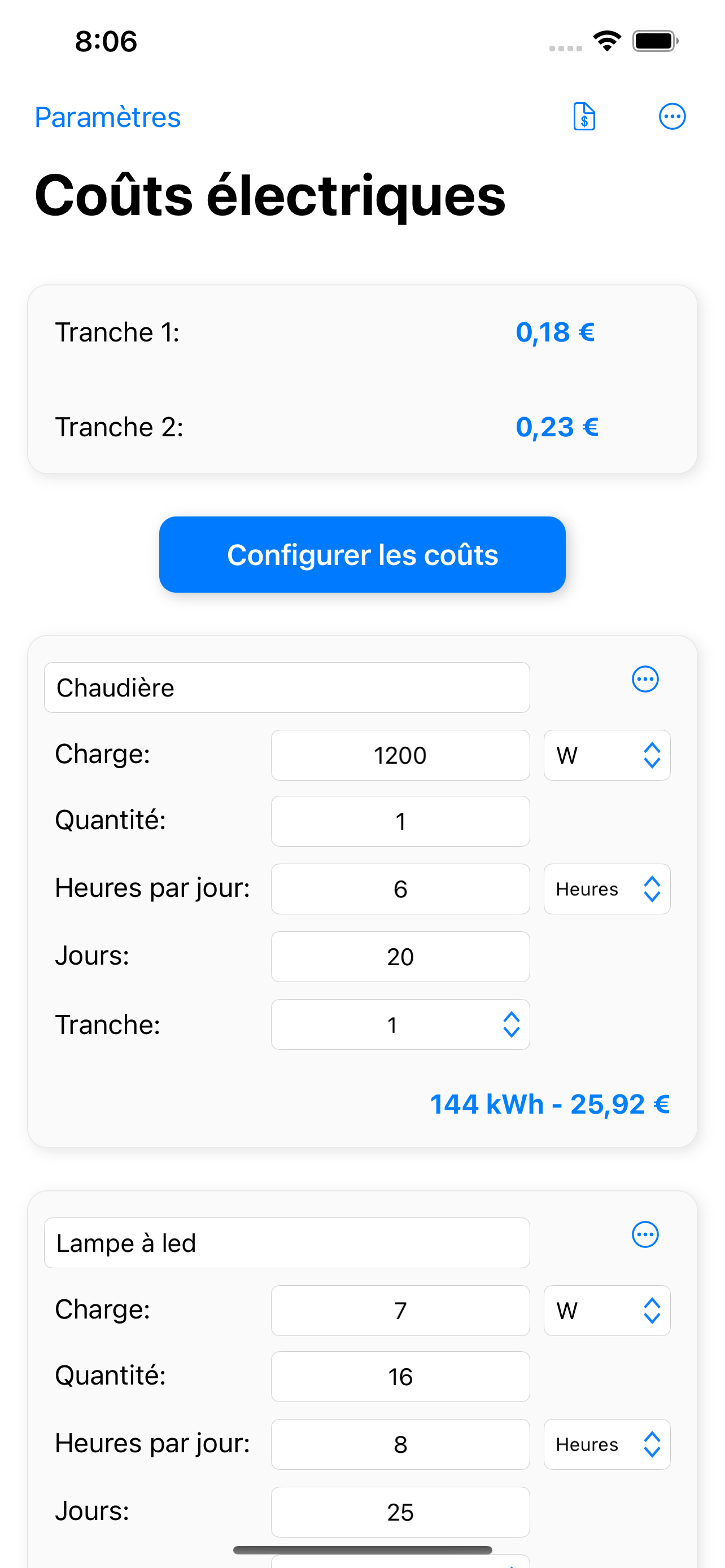 Coûts électriques