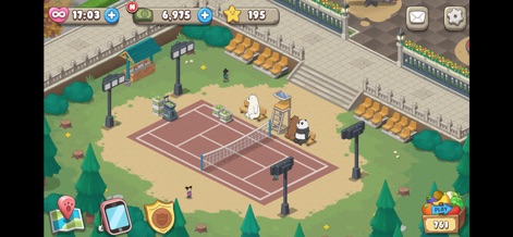 We Bare Bears Match3 Repairs - Discover diverse environments, such as a detailed tennis court with its net and adjacent spectator stands, where the bears can unwind.