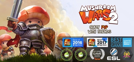 Mushroom Wars 2: RTS Strategy - アプリのロゴとメインキャラクターが誇らしげに描かれ、ゲームが獲得した「Best of 2016」や「BEST STRATEGY GAME」などの複数の賞のバッジが展示されています。
