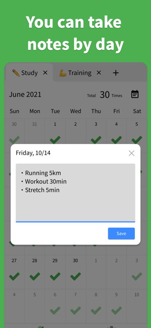 Verificați calendarul - Captură de ecran Habit Tracker