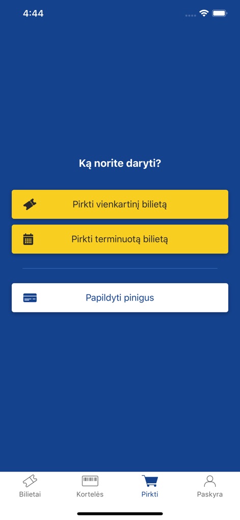 e.Ticket Klaipėda - The app presents clear choices for ticket purchases, displaying distinct buttons for single tickets and term tickets, complemented by a straightforward bottom navigation for easy access.