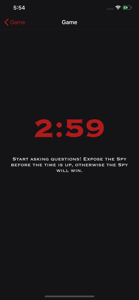 Spy - Dieser Bildschirm stellt den Countdown des Spiels dar, mit der deutlich sichtbaren roten Zeitanzeige "2:59" und dem Anweisungstext für die Spieler.