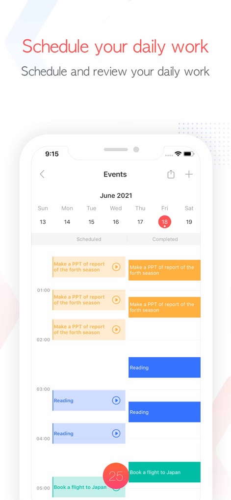 Focus To-Do: Focus Timer&Tasks - La vista de calendario permite a los usuarios programar sus actividades diarias y visualizar eventos tanto "Scheduled" como "Completed" en bloques de color.