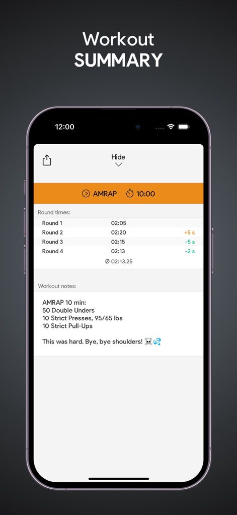 SmartWOD Timer - WOD Clock - Users receive a comprehensive workout summary, detailing individual round times and offering a dedicated section for personalized workout notes.