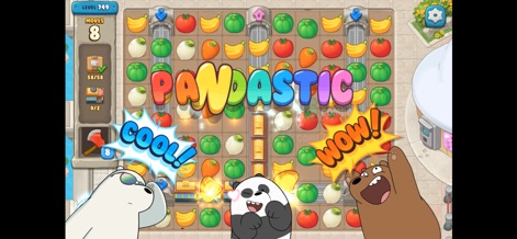 We Bare Bears Match3 Repairs - Witness the excitement of big matches as 'PANDASTIC' text flashes across the screen, celebrating powerful combos involving various fruit and food tiles.