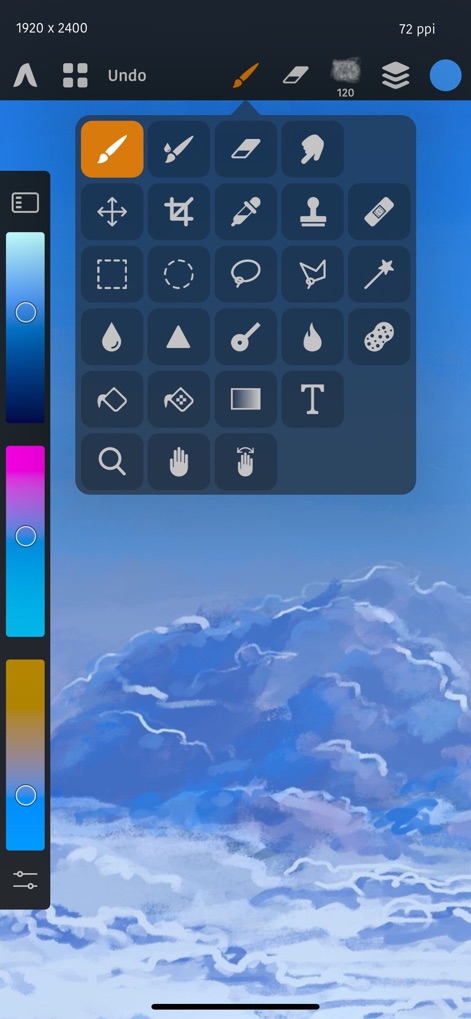 Artstudio Pro: Draw, Paint - 이 앱은 이동 및 자르기 기능부터 채우기와 지우개 도구에 이르는 포괄적인 도구 팔레트를 제공하여 모든 편집 요구를 충족하며, 좌측의 컬러 슬라이더는 사용자가 원하는 색상을 빠르고 직관적으로 선택할 수 있도록 돕습니다.