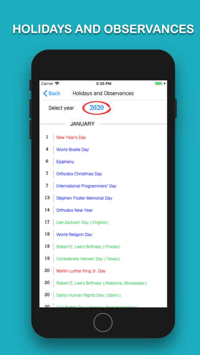 US Holiday Calendar Screenshot
