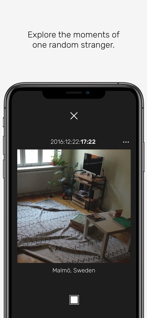 minutiae: Real Life - The app fosters a sense of anonymous connection, allowing users to explore a photograph of a random stranger's environment, complete with a location tag like 'Malmö, Sweden'.
