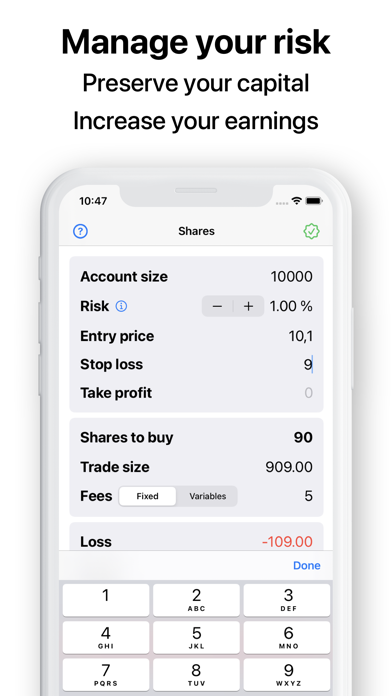 Trade Size stock trading risk Screenshot