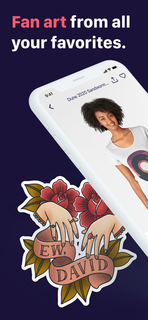 Redbubble - Shop original art - Uncover expressive fan art within the app, highlighting items like a graphic t-shirt and the popular "EW, DAVID" sticker design for personal flair.