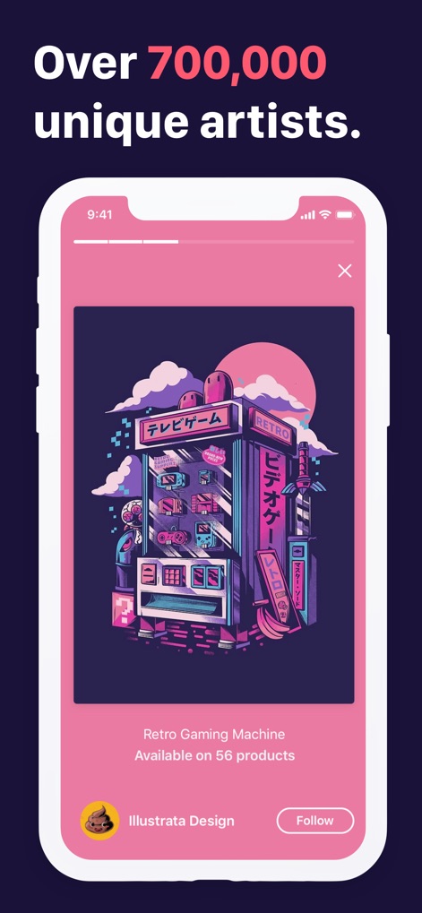 Redbubble - Shop original art - Engage directly with a vast community of artists, as the app showcases detailed product views like the "Retro Gaming Machine" and offers a "Follow" option for creators such as "Illustrata Design".