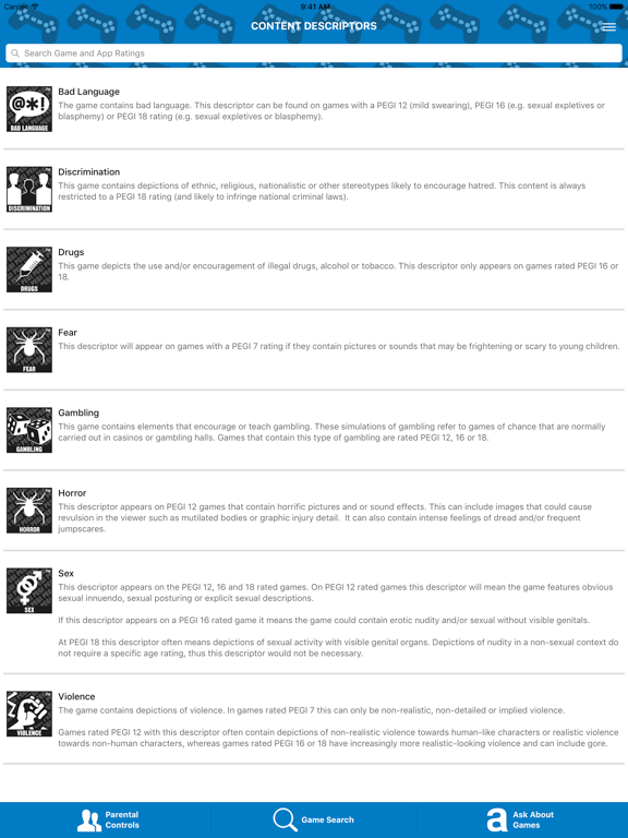PEGI Ratings iPad screenshot 6 - Reference app