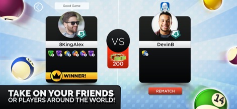 Kings of Pool - Challenge friends or global players in head-to-head battles, clearly displaying competitor profiles and offering a quick 'Rematch' option for instant action.