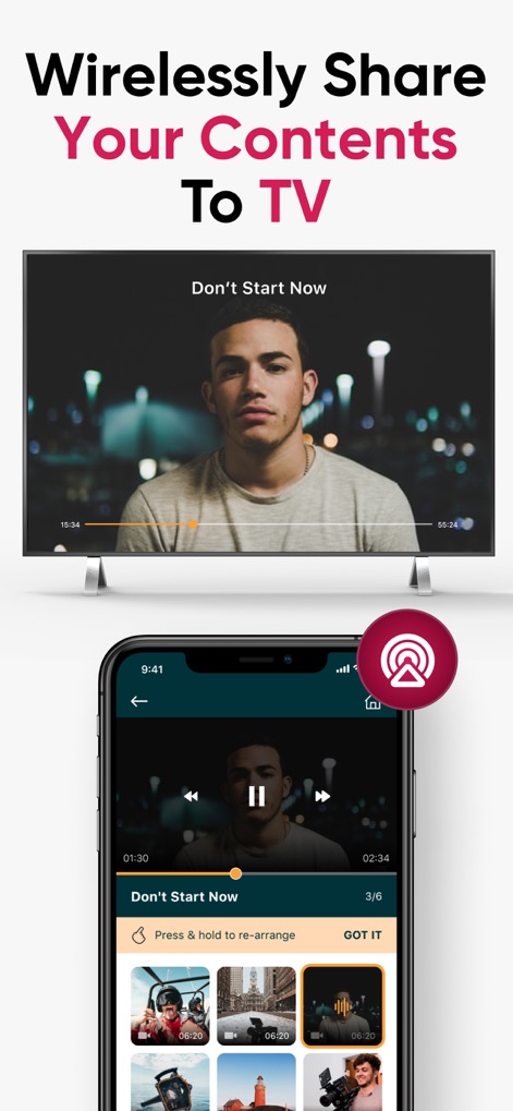 Screen Mirroring - TV Cast - The app provides intuitive "playback controls" directly on the iPhone, allowing users to manage their video queue and cast a variety of "media thumbnails" to the TV.