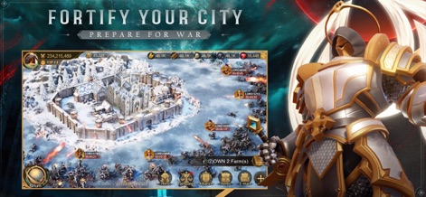 Land of Empires: Immortal - L'application présente une cité fortifiée enneigée prête au combat, avec des icônes d'interface utilisateur claires pour la gestion des ressources et des alliances, illustrant la profondeur stratégique de la construction et de la défense du royaume.